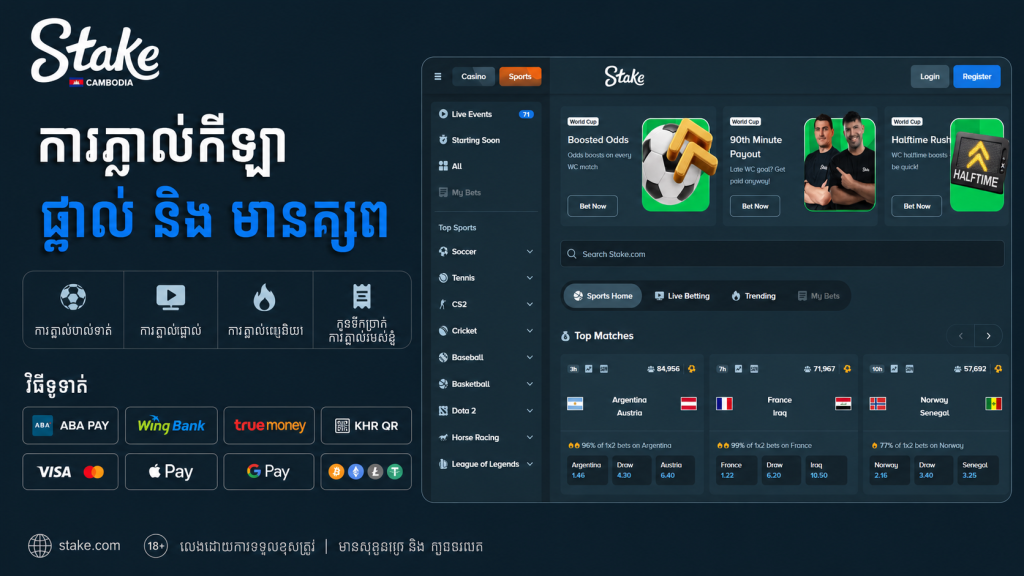 Dark blue Stake Cambodia homepage hero: Khmer text on the left, a side navigation and sports betting cards on the right, plus payment logos at the bottom.